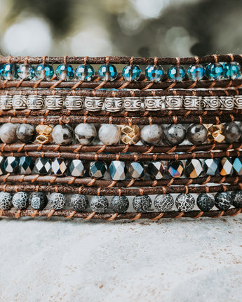Blue silver and black natural crystal five leather strap bracelet for her by Treehut