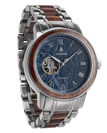 Atlas Walnut Blue Marble Men's Stainless Steel Wooden Watch
