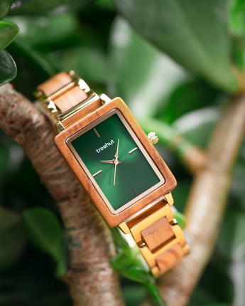 Lola Olive Gold Green Women's Stainless Steel Wooden Watch